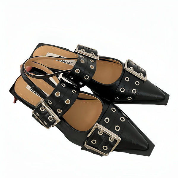 Escarpins noirs à bout pointu avec des boucles argentées décoratives., 45286704185525,45286704218293,45286704251061,45286704283829,45286704316597,45286704349365,45286704382133,45286704414901,45286704447669,45286704480437,45286704513205,45286704545973,45286704578741,45286704611509,45286704644277,45286704677045,45286704709813,45286704742581