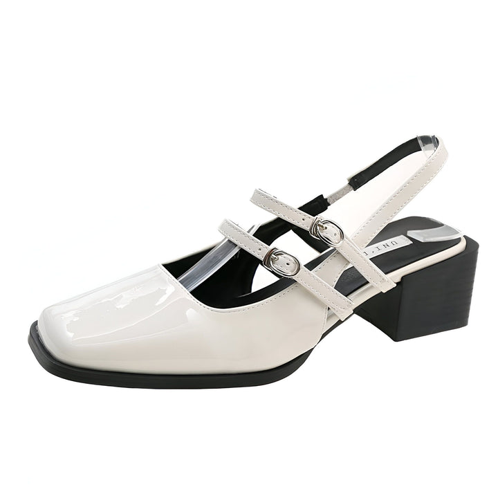 Chaussure à talon bloc noir pour femme, style Mary Jane moderne, vernis blanc, avec deux brides à boucle ajustables et une bride arrière., 45286704775349,45286704808117,45286704840885,45286704873653,45286704906421,45286704939189,45286704971957,45286705004725,45286705037493,45286705070261,45286705103029,45286705135797,45286705168565,45286705201333,45286705234101,45286705266869,45286705299637,45286705332405