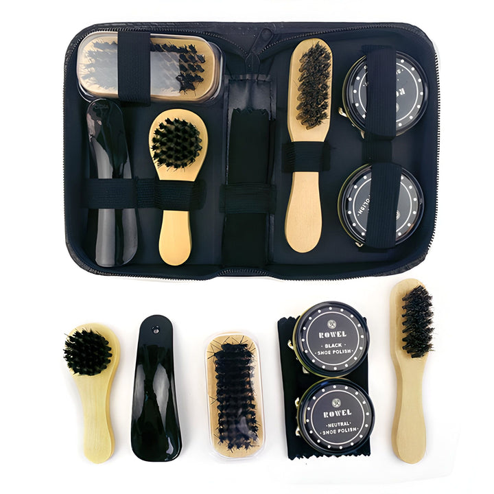 Nécessaire de cirage avec brosses, cirages noir et neutre, chiffons de polissage, chausse-pied. Kit complet pour l'entretien des chaussures en cuir, idéal pour voyage ou usage domestique., 45286736625845