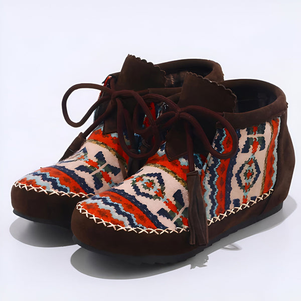 Paire de bottines marron en daim avec motif ethnique coloré, lacets décoratifs et surpiqûres contrastantes. Chaussures confortables et stylées pour femme., 45286981632181,45286981664949,45286981697717,45286981730485,45286981763253,45286981796021,45286981828789,45286981861557,45286981894325,45286981927093,45286981959861,45286981992629,45286982025397,45286982058165,45286982090933,45286982123701,45286982156469,45286982189237,45286982222005,45286982254773,45286982287541,45286982320309,45286982353077,45286