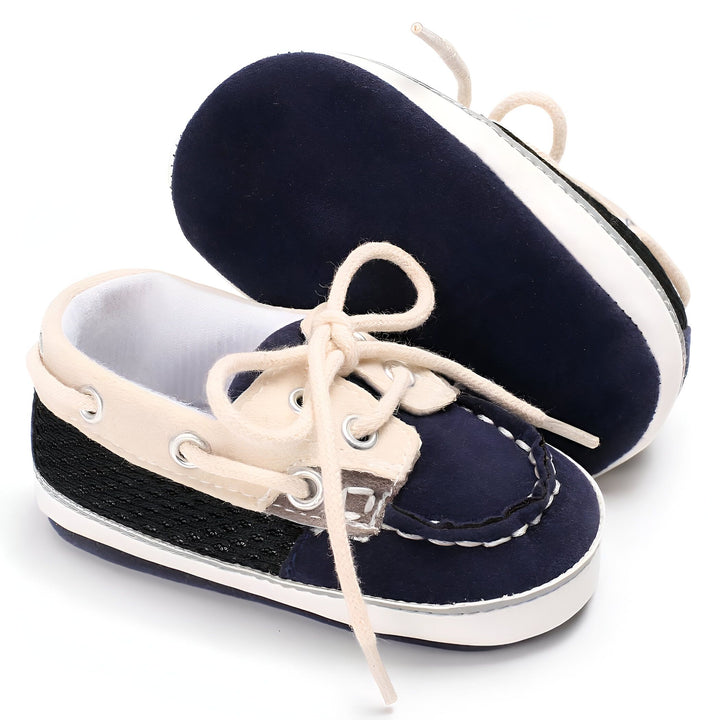 Chaussures bateau pour bébé, bleues et blanches avec lacets en coton. Chaussures de nourrisson élégantes et confortables, parfaites pour les petits pieds. Idéales pour un cadeau de naissance., 45286825427125,45286825459893,45286825492661,45286825525429,45286825558197,45286825590965