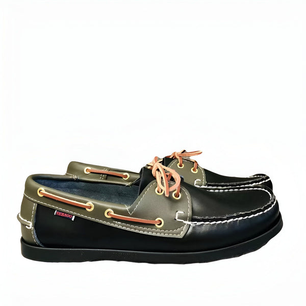 Paire de chaussures bateau Sebago en cuir noir et kaki, lacets en cuir orange. Chaussures décontractées pour homme., 45286754320565,45286754353333,45286754386101,45286754418869,45286754451637,45286754484405,45286754517173,45286754549941,45286754582709,45286754615477,45286754648245,45286754681013,45286754713781,45286754746549,45286754779317,45286754812085,45286754844853,45286754877621,45286754910389,45286754943157,45286754975925,45286755008693,45286755041461,45286755074229,45286755106997,45286755139765,4