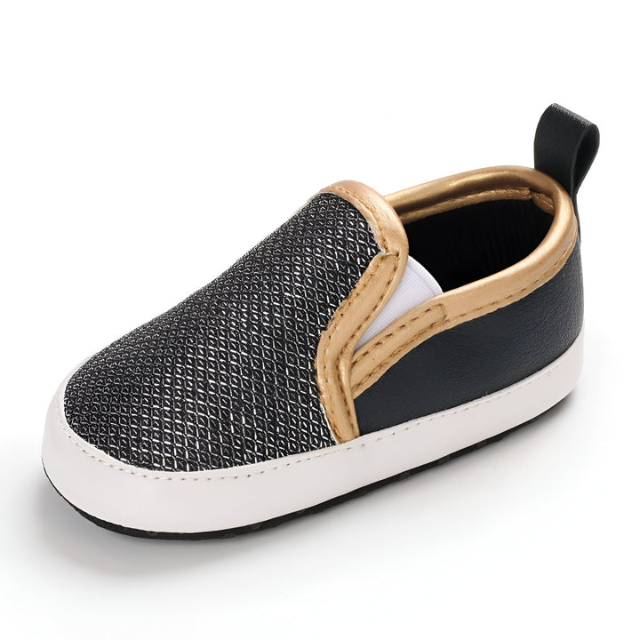 Chaussure de bébé de style slip-on noire et dorée avec une semelle blanche., 45286824083637,45286824116405,45286824149173,45286824181941,45286824214709,45286824247477,45286824280245,45286824313013,45286824345781,45286824378549,45286824411317,45286824444085