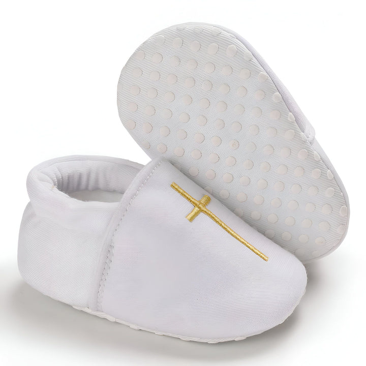 Chaussons blancs pour bébé avec croix dorée brodée. Vêtements de baptême pour nouveau-né, idée cadeau religieuse. Semelle antidérapante à pois., 45286993592501,45286993625269,45286993658037,45286993690805,45286993723573,45286993756341