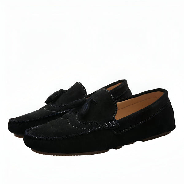 Mocassins pour hommes en daim noir, style décontracté avec pompons. Chaussures élégantes et confortables, parfaites pour toutes les occasions., 45286802653365,45286802686133,45286802718901,45286802751669,45286802784437,45286802817205,45286802849973