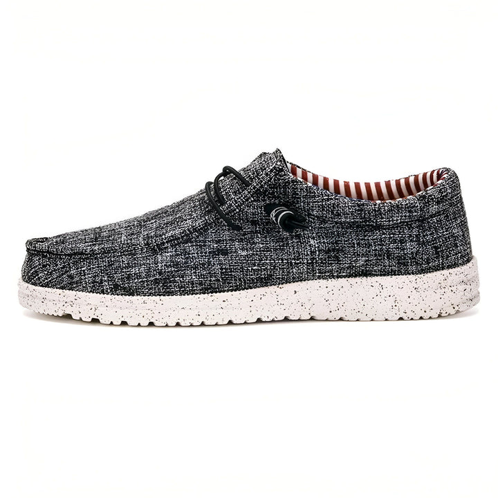 Mocassin décontracté gris chiné pour homme avec lacets élastiques noirs et semelle blanche mouchetée. Intérieur rayé rouge et blanc., 45286731415733,45286731448501,45286731481269,45286731514037,45286731546805,45286731579573,45286731612341,45286731645109,45286731677877,45286731710645,45286731743413,45286731776181,45286731808949,45286731841717,45286731874485,45286731907253,45286731940021,45286731972789,45286732005557,45286732038325,45286732071093,45286732103861