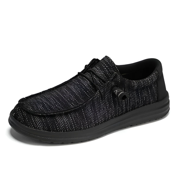Mocassin décontracté pour hommes, en tissu noir et gris chiné, avec lacets élastiques. Chaussures confortables et légères, idéales pour un style décontracté. Semelle extérieure noire assortie., 45286668370101,45286668402869,45286668435637,45286668468405,45286668501173,45286668533941,45286668566709,45286668599477,45286668632245,45286668665013,45286668697781,45286668730549,45286668763317,45286668796085,45286668828853,45286668861621,45286668894389,45286668927157,45286668959925,45286668992693,452866