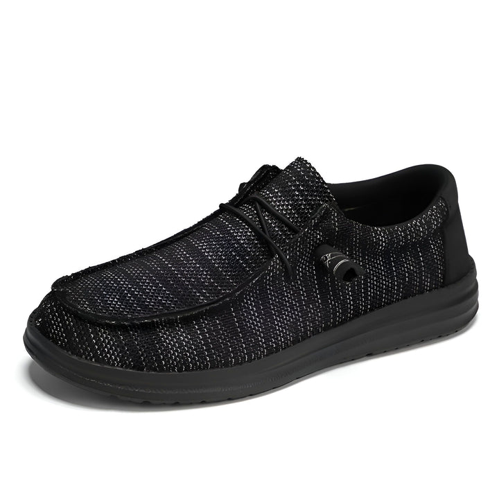 Mocassin décontracté pour hommes, en tissu noir et gris chiné, avec lacets élastiques. Chaussures confortables et légères, idéales pour un style décontracté. Semelle extérieure noire assortie., 45286668370101,45286668402869,45286668435637,45286668468405,45286668501173,45286668533941,45286668566709,45286668599477,45286668632245,45286668665013,45286668697781,45286668730549,45286668763317,45286668796085,45286668828853,45286668861621,45286668894389,45286668927157,45286668959925,45286668992693,452866