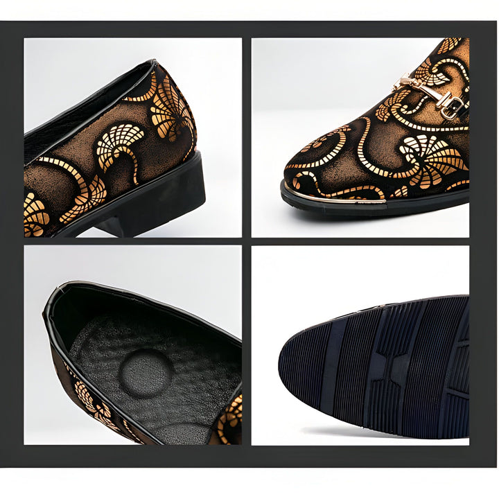 Gros plan sur des mocassins marron foncé à motifs dorés, montrant le côté, le dessus, l'intérieur et la semelle texturée. Chaussures élégantes pour homme., 45287102054581,45287102087349,45287102120117,45287102152885,45287102185653,45287102218421,45287102251189,45287102283957,45287102316725,45287102349493,45287102382261,45287102415029,45287102447797,45287102480565,45287102513333,45287102546101,45287102578869,45287102611637,45287102644405,45287102677173,45287102709941,45287102742709,45287102775477,