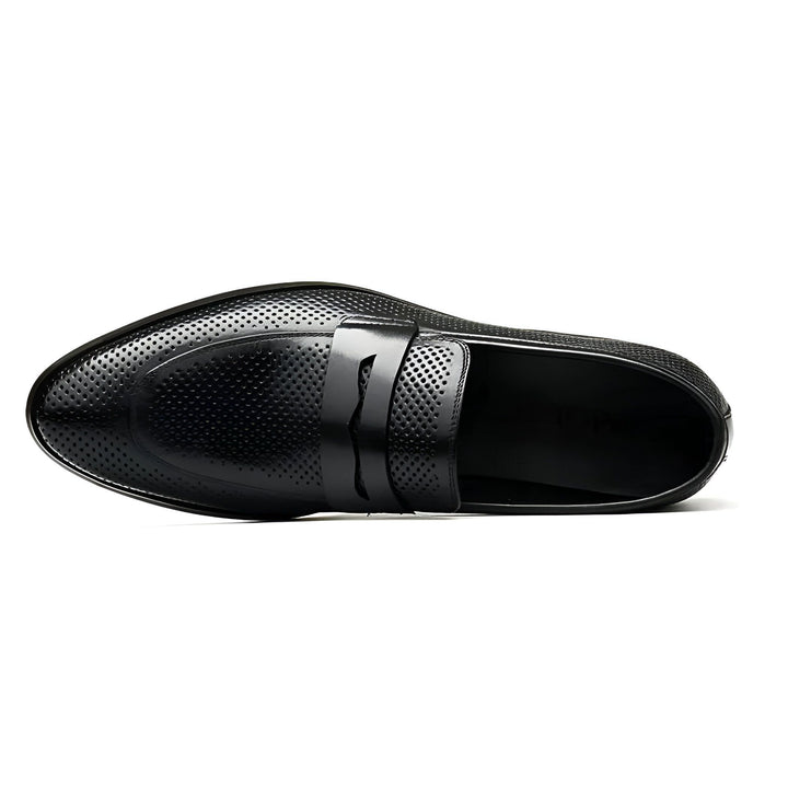 Vue de dessus d'un mocassin noir en cuir avec des perforations pour la ventilation, idéal pour un look élégant et confortable., 45286716801205,45286716833973,45286716866741,45286716899509,45286716932277,45286716965045,45286716997813,45286717030581,45286717063349,45286717096117,45286717128885,45286717161653,45286717194421,45286717227189,45286717259957,45286717292725,45286717325493,45286717358261