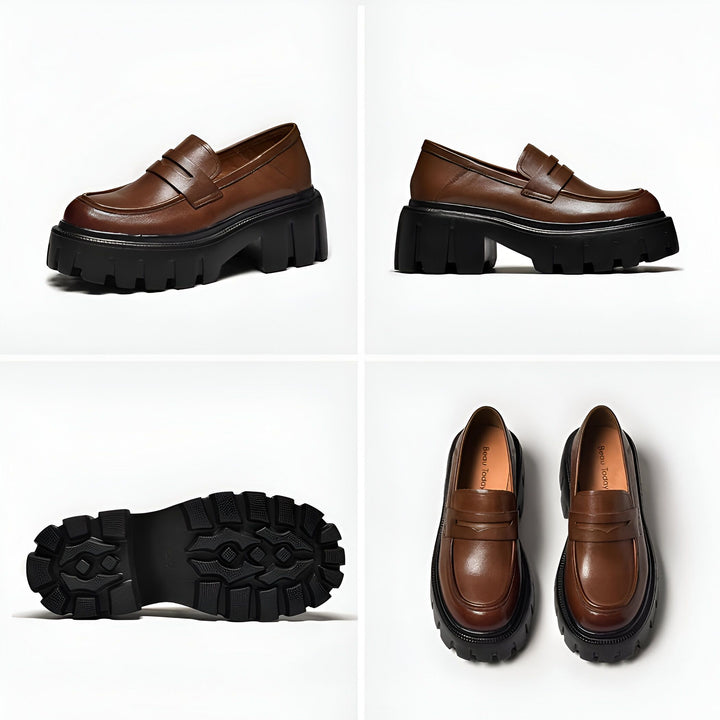 Collage de mocassins marron en cuir avec semelles épaisses noires. Vues de côté, dessous et de dessus. Chaussures tendance et confortables., 45287144325301,45287144358069,45287144390837,45287144423605,45287144456373,45287144489141,45287144521909,45287144554677,45287144587445,45287144620213,45287144652981,45287144685749