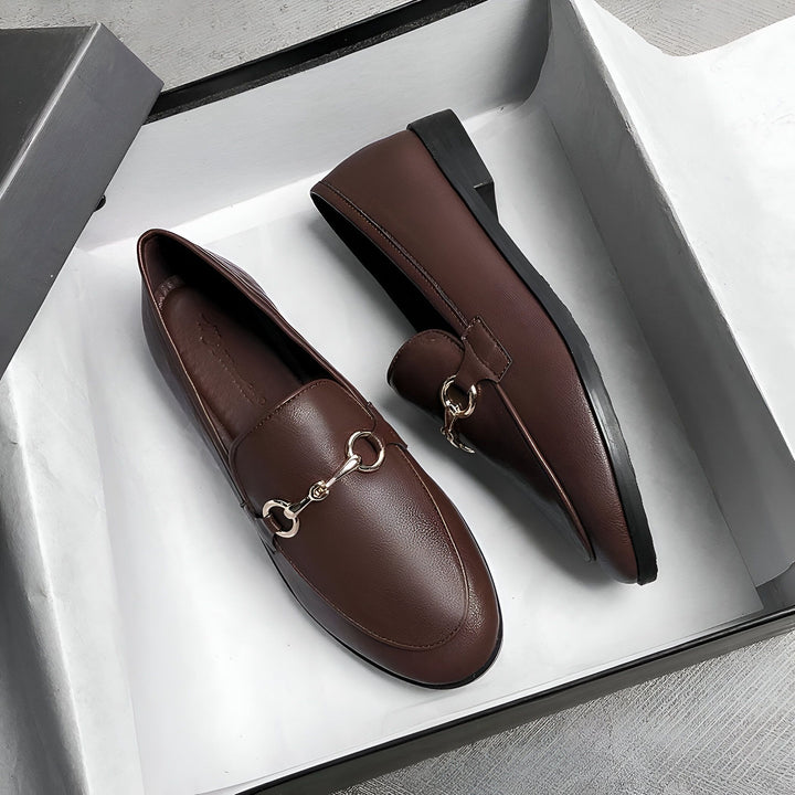 Mocassins classiques en cuir marron dans une boîte. Chaussures élégantes pour hommes avec boucle dorée. Idéal pour un look chic et décontracté. Accessoires de mode masculine., 45286855377077,45286855409845,45286855442613,45286855475381,45286855508149,45286855540917,45286855573685,45286855606453,45286855639221,45286855671989,45286855704757,45286855737525,45286855770293,45286855803061,45286855835829,45286855868597,45286855901365,45286855934133,45286855966901,45286855999669,45286856032437,452868560652