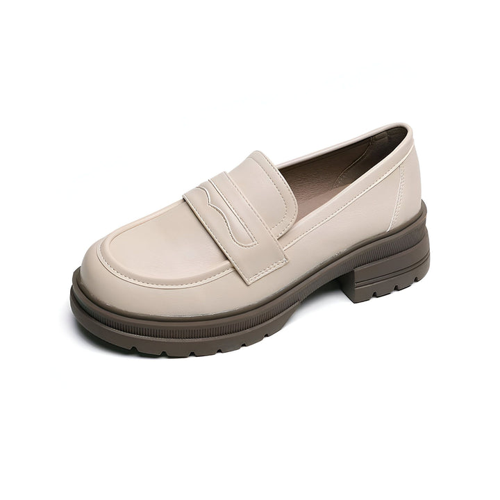 Mocassin beige à semelle épaisse. Chaussure élégante et confortable pour femme. Style classique avec une touche moderne. Idéal pour un look décontracté ou professionnel., 45286831587509,45286831620277,45286831653045,45286831685813,45286831718581,45286831751349