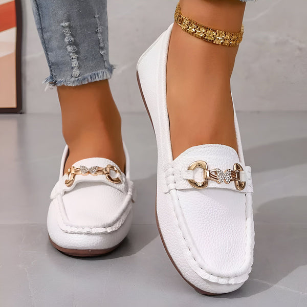 Mocassins blancs en cuir avec boucle dorée et bracelet de cheville doré. Chaussures de ville décontractées pour femme., 45286627999925,45286628032693,45286628065461,45286628098229,45286628130997,45286628163765,45286628196533,45286628229301,45286628262069,45286628294837,45286628327605,45286628360373,45286628393141,45286628425909,45286628458677,45286628491445,45286628524213,45286628556981,45286628589749,45286628622517,45286628655285,45286628688053,45286628720821,45286628753589