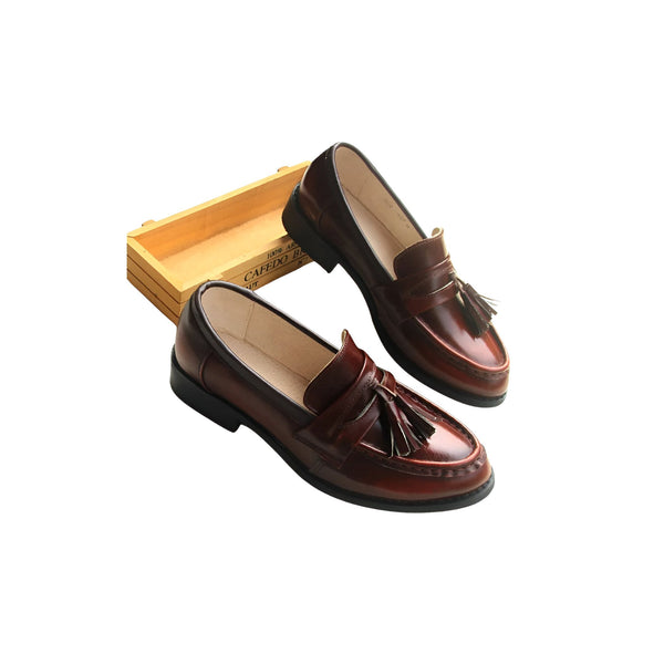 Mocassins vernis marron avec glands, présentés devant une petite caisse en bois. Chaussures élégantes pour homme ou femme., 45286644187317,45286644220085,45286644252853,45286644285621,45286644318389,45286644351157,45286644383925,45286644416693,45286644449461,45286644482229,45286644514997,45286644547765,45286644580533,45286644613301,45286644646069,45286644678837,45286644711605,45286644744373