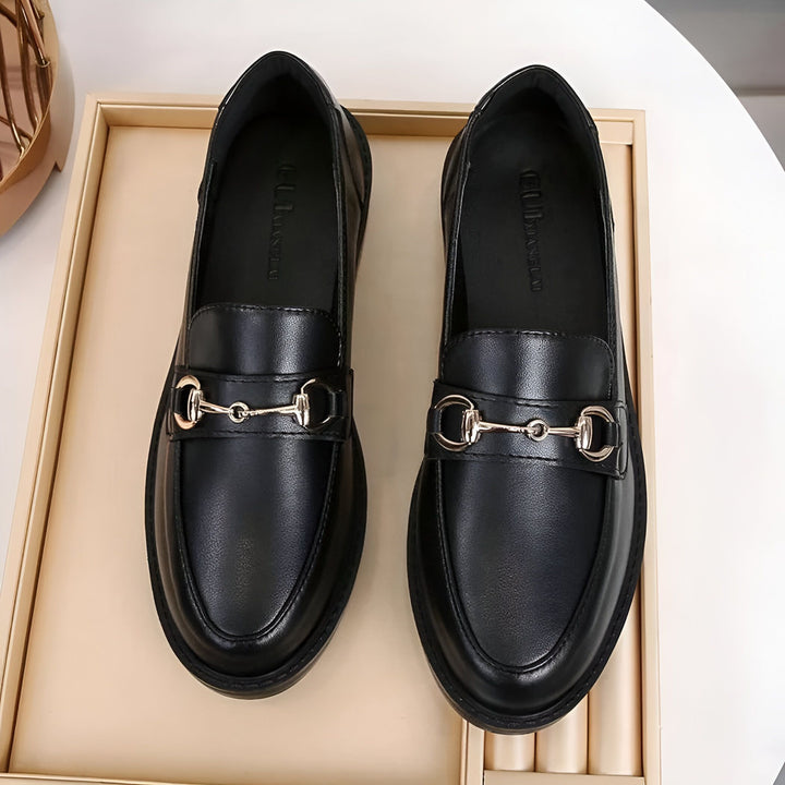 Vue rapprochée de deux mocassins noirs élégants avec des détails métalliques dorés en forme de mors de cheval, présentés sur un plateau clair. Chaussures de mode, style classique, accessoires de chaussures., 45286727844021,45286727876789,45286727909557,45286727942325,45286727975093,45286728007861,45286728040629,45286728073397,45286728106165