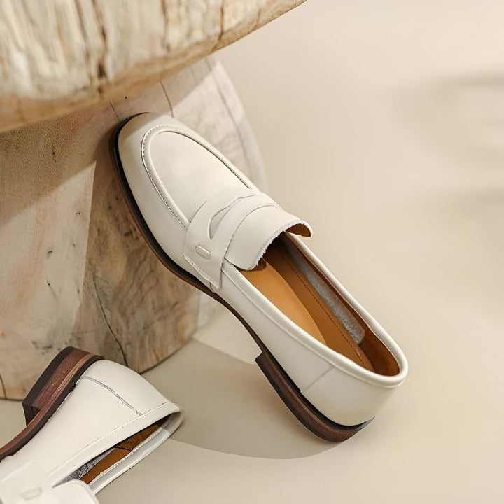 Mocassins en cuir blanc cassé pour femmes, style décontracté et élégant. Chaussures plates en cuir., 45286733414581,45286733447349,45286733480117,45286733512885,45286733545653,45286733578421,45286733611189