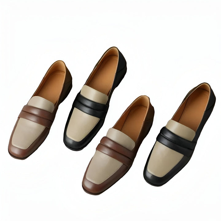Quatre mocassins élégants en cuir bicolore : beige et marron, beige et noir. Chaussures confortables et modernes pour toutes les occasions. Mode automne-hiver, style décontracté, chaussures femme., 45286722535605,45286722568373,45286722601141,45286722633909,45286722666677,45286722699445,45286722732213,45286722764981,45286722797749,45286722830517,45286722863285,45286722896053,45286722928821,45286722961589