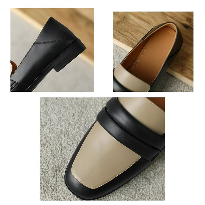 Mocassins élégants bicolores noir et beige, vues rapprochées de dessus, du côté et de l'intérieur. Chaussures chics en cuir pour femme avec détails soignés., 45286722535605,45286722568373,45286722601141,45286722633909,45286722666677,45286722699445,45286722732213,45286722764981,45286722797749,45286722830517,45286722863285,45286722896053,45286722928821,45286722961589