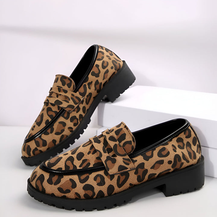 Mocassins à motif léopard, chaussures de ville tendance pour femmes, semelle épaisse noire. Style preppy et audacieux., 45286625870005,45286625902773,45286625935541,45286625968309,45286626001077,45286626033845,45286626066613,45286626099381
