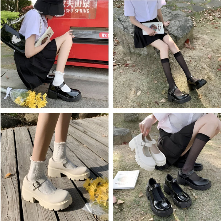 Collage de photos présentant des chaussures Mary Jane à plateforme épaisses, portées avec des chaussettes variées et des uniformes scolaires. Différents styles et couleurs., 45286685573301,45286685606069,45286685638837,45286685671605,45286685704373,45286685737141,45286685769909,45286685802677,45286685835445,45286685868213,45286685900981,45286685966517