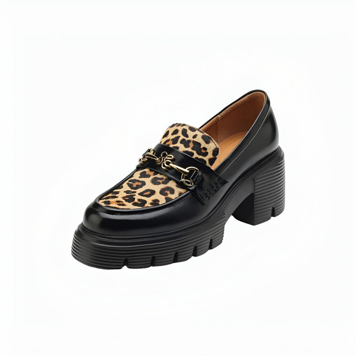 Mocassin plateforme noir et imprimé léopard avec boucle dorée, chaussure femme tendance et audacieuse., 45286649594037,45286649626805,45286649659573,45286649692341,45286649725109