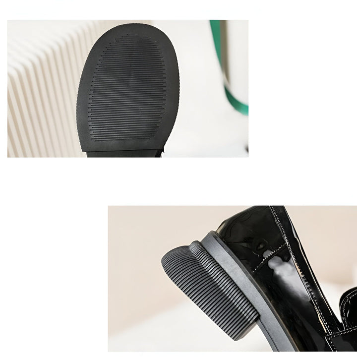 Détail de la semelle d'une chaussure noire vernie avec semelle crantée. Vue rapprochée de la semelle antidérapante. Design pour une meilleure adhérence., 45286714671285,45286714704053,45286714736821,45286714769589,45286714802357,45286714835125,45286714867893,45286714900661,45286714933429