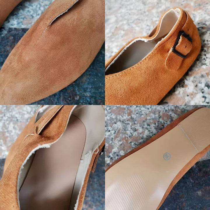 Gros plan d'une paire de chaussures plates marron en daim avec une boucle. Détails de la texture du daim, de la boucle et de la semelle. Chaussures élégantes et confortables., 45287113621685,45287113654453,45287113687221,45287113719989,45287113752757,45287113785525,45287113818293,45287113851061,45287113883829,45287113916597,45287113949365,45287113982133,45287114014901,45287114047669,45287114080437,45287114113205,45287114145973,45287114178741,45287114211509,45287114244277,45287114277045,45287114309813,4