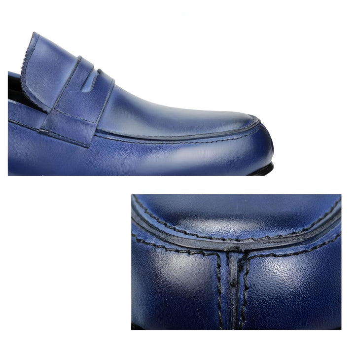 Gros plan sur une élégante mocassin en cuir bleu. Détails de la couture et de la texture du cuir visibles. Chaussure de mode pour homme, style décontracté chic., 45286717391029,45286717423797,45286717456565,45286717489333,45286717522101,45286717554869,45286717587637,45286717620405