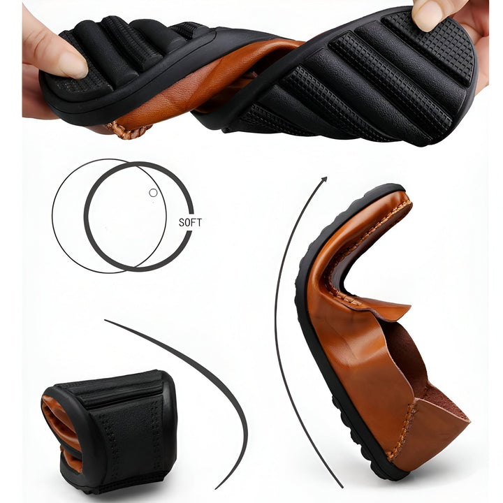 Présentation d'une sandale en cuir marron souple. On voit la semelle noire flexible, le cuir tordu et la capacité de compression de la chaussure. L'accent est mis sur le confort et la flexibilité de la sandale., 45287130169525,45287130202293,45287130235061,45287130267829,45287130300597,45287130333365,45287130366133,45287130398901,45287130431669,45287130464437,45287130497205,45287130529973,45287130562741,45287130595509,45287130628277,45287130661045,45287130693813,45287130726581,45287130759349,4528713079