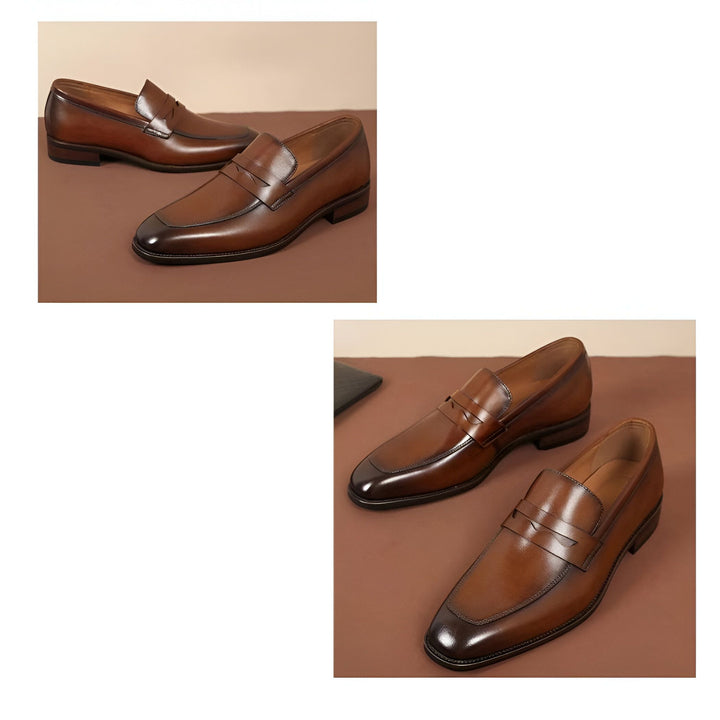Deux paires de mocassins en cuir marron élégants et brillants, présentées sur un fond marron clair. Chaussures classiques pour hommes, idéales pour un style sophistiqué., 45286724042933,45286724075701,45286724108469,45286724141237,45286724174005,45286724206773,45286724239541,45286724272309,45286724305077,45286724337845,45286724370613,45286724403381,45286724436149,45286724468917