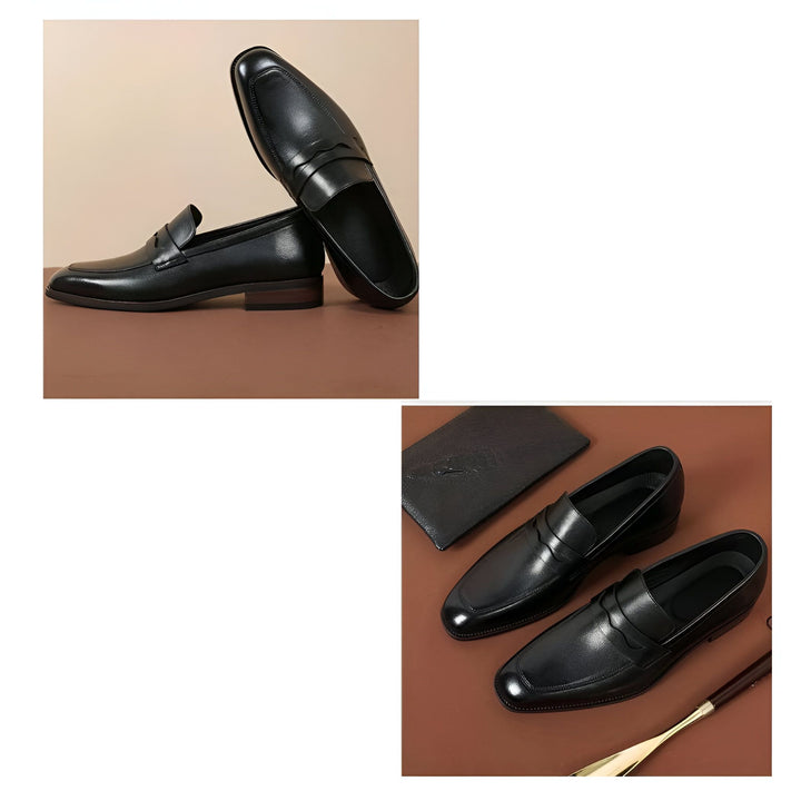 Deux paires d'élégants mocassins en cuir noir pour hommes présentés sur fond marron, avec un portefeuille en cuir assorti et un chausse-pied doré. Parfait pour un look formel et sophistiqué., 45286724042933,45286724075701,45286724108469,45286724141237,45286724174005,45286724206773,45286724239541,45286724272309,45286724305077,45286724337845,45286724370613,45286724403381,45286724436149,45286724468917