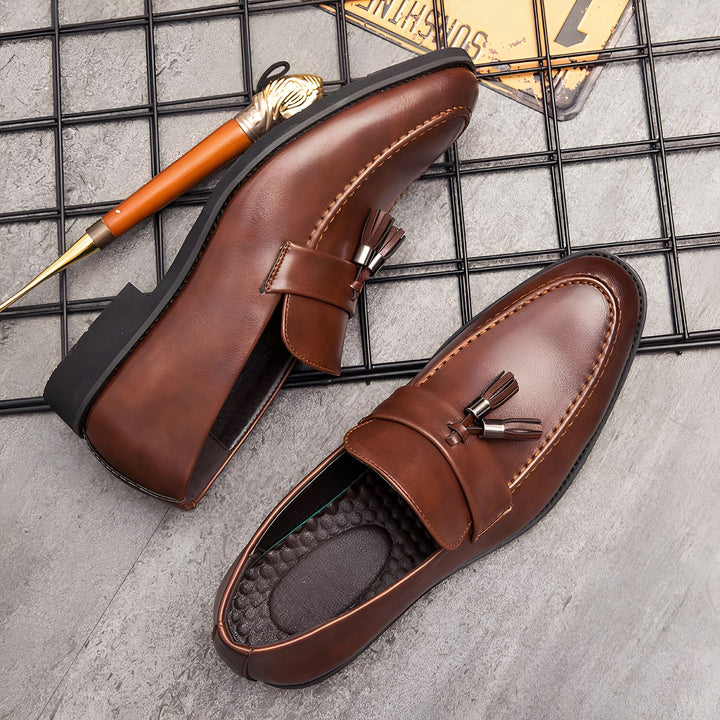 Photo de mocassins en cuir marron pour hommes, avec des glands décoratifs, présentés avec une canne élégante. Idéal pour un style classique et raffiné., 45286937690293,45286937723061,45286937755829,45286937788597,45286937821365,45286937854133,45286937886901,45286937919669,45286937952437,45286937985205,45286938017973,45286938050741,45286938083509,45286938116277,45286938149045,45286938181813,45286938214581,45286938247349