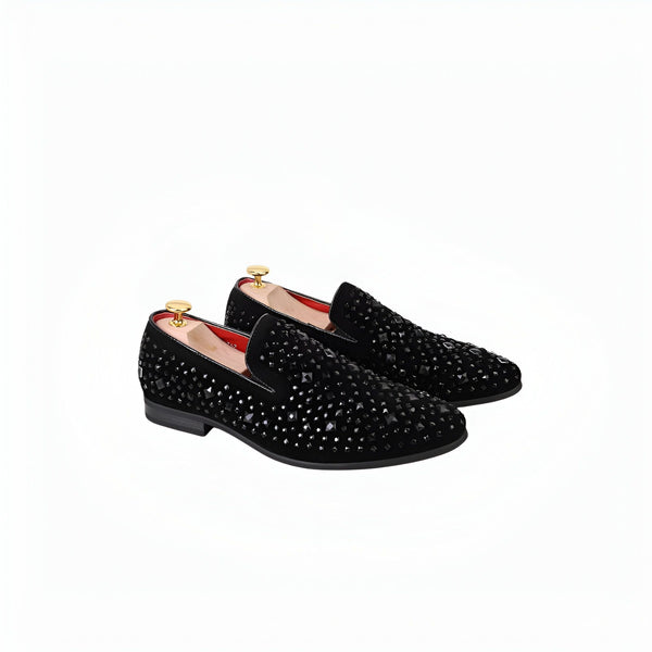 Mocassins noirs pour hommes, ornés de pierres brillantes, élégants et sophistiqués. Parfaits pour une soirée spéciale ou un événement chic., 45286639763637,45286639796405,45286639829173,45286639861941,45286639894709,45286639927477,45286639960245,45286639993013,45286640025781,45286640058549