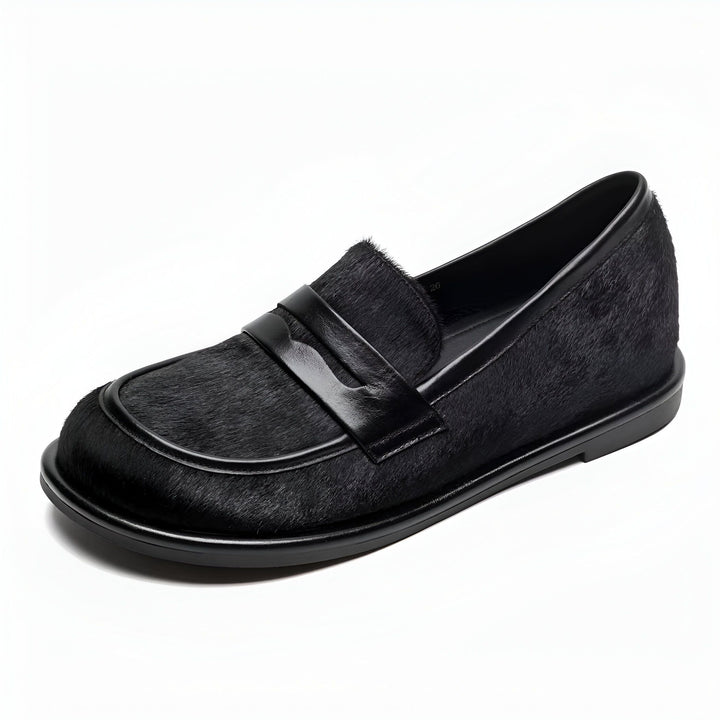 Mocassin noir en cuir et matière à poils courts, semelle plate. Chaussure élégante et confortable pour femme. Mode automne-hiver., 45286620823733,45286620856501,45286620889269,45286620922037,45286620954805