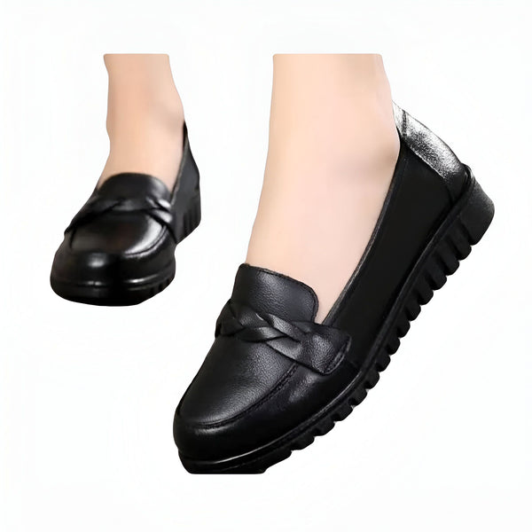 Mocassins noirs en cuir pour femmes, confortables et élégants. Détail tressé sur le dessus. Chaussures décontractées ou habillées., 45286736265397,45286736298165,45286736330933,45286736363701,45286736396469,45286736429237,45286736462005,45286736494773