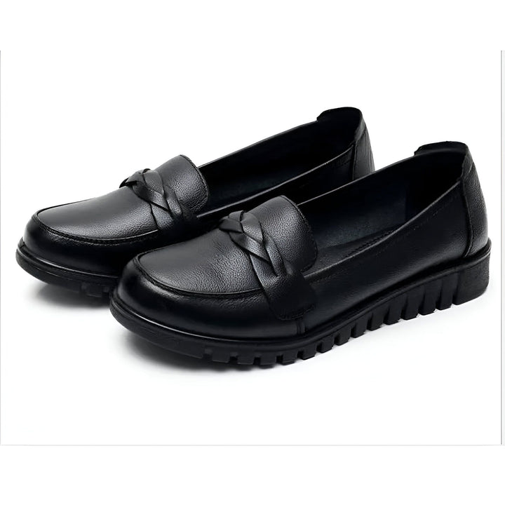 Deux mocassins noirs en cuir avec détail tressé, semelle crantée, chaussures confortables et élégantes pour femmes., 45286736265397,45286736298165,45286736330933,45286736363701,45286736396469,45286736429237,45286736462005,45286736494773