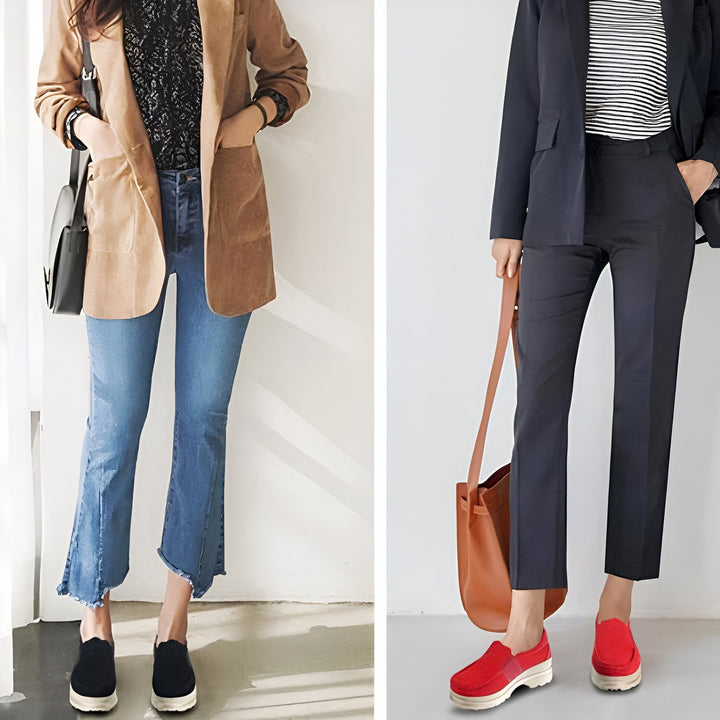 Comparaison de styles vestimentaires : à gauche, un look décontracté avec jean évasé, veste en velours côtelé et chaussures noires à plateforme ; à droite, un ensemble tailleur pantalon noir, chemise rayée et chaussures rouges à plateforme, illustrant deux approches de la mode., 45286902857909,45286902890677,45286902923445,45286902956213,45286902988981,45286903021749,45286903054517,45286903087285,45286903120053,45286903152821,45286903185589,45286903218357,45286903251125,45286903283893,452869033