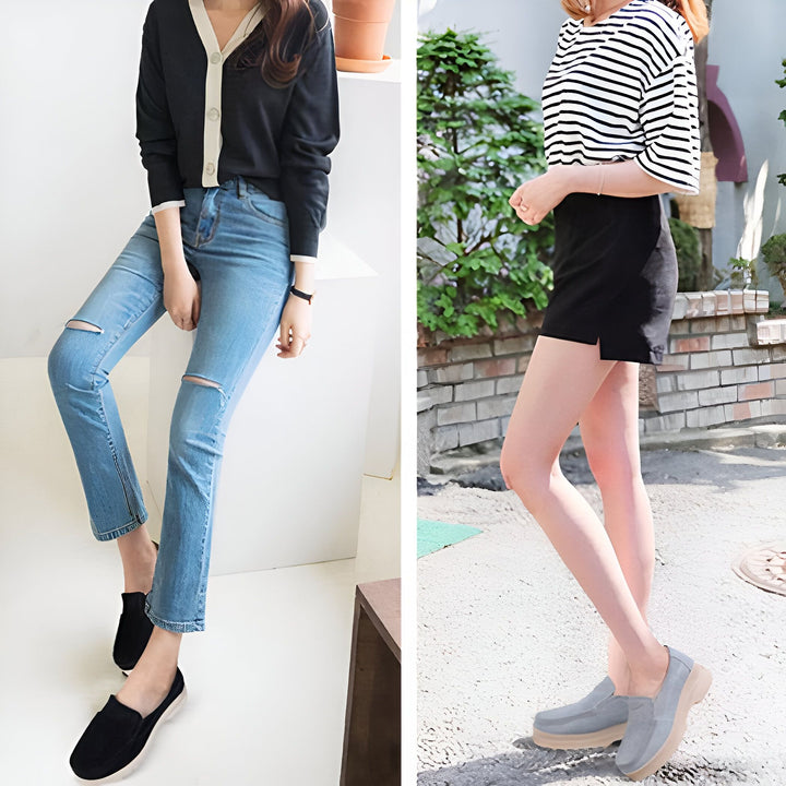 Comparaison de tenues décontractées : une femme en jean troué, cardigan noir et mocassins, et une autre en jupe noire, t-shirt rayé et chaussures plates grises. Mode féminine., 45286902857909,45286902890677,45286902923445,45286902956213,45286902988981,45286903021749,45286903054517,45286903087285,45286903120053,45286903152821,45286903185589,45286903218357,45286903251125,45286903283893,45286903316661,45286903349429,45286903382197,45286903414965,45286903447733,45286903480501,45286903513269,4528690354603