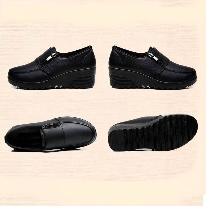 Présentation de chaussures compensées noires pour femmes sous plusieurs angles. Chaussures en cuir avec fermeture éclair décorative. Idéales pour un look élégant et confortable., 45286892667061,45286892699829,45286892732597,45286892765365,45286892798133,45286892830901,45286892863669