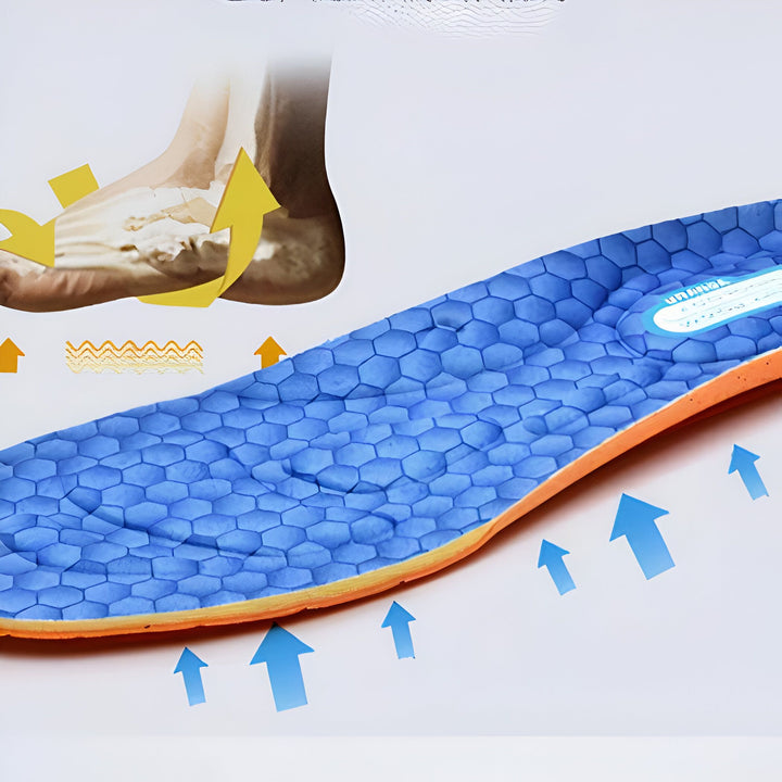 Image d'une semelle intérieure bleue à structure alvéolaire, montrant un pied avec des flèches jaunes illustrant le support et la ventilation. Concept de confort et de soutien pour les pieds., 45286748094645,45286748127413,45286748160181,45286748192949,45286748225717,45286748258485,45286748291253,45286748324021,45286748356789,45286748389557,45286748422325,45286748455093,45286748487861,45286748520629,45286748553397,45286748586165,45286748618933,45286748651701,45286748684469,45286748717237,4528674875000