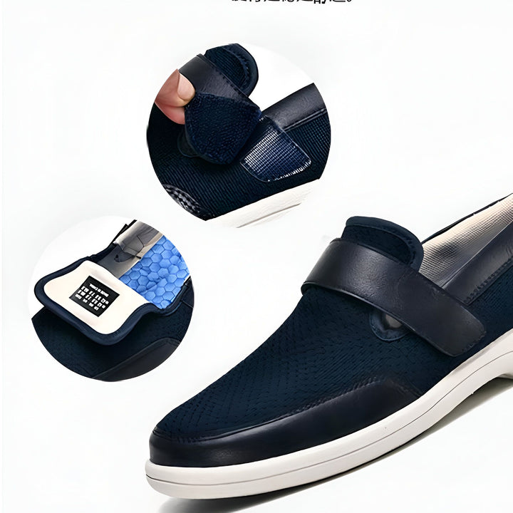 Chaussure de confort bleu marine avec fermeture velcro ajustable. Détail de la semelle intérieure orthopédique pour un soutien optimal. Idéale pour pieds sensibles., 45286748094645,45286748127413,45286748160181,45286748192949,45286748225717,45286748258485,45286748291253,45286748324021,45286748356789,45286748389557,45286748422325,45286748455093,45286748487861,45286748520629,45286748553397,45286748586165,45286748618933,45286748651701,45286748684469,45286748717237,45286748750005,45286748782773,4528674881