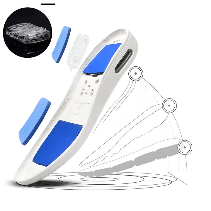 Image d'une semelle orthopédique blanche avec des coussinets bleus. Les coussinets sont amovibles, et un paquet de coussinets de rechange est visible. Un schéma montre la flexion de la semelle., 45286748094645,45286748127413,45286748160181,45286748192949,45286748225717,45286748258485,45286748291253,45286748324021,45286748356789,45286748389557,45286748422325,45286748455093,45286748487861,45286748520629,45286748553397,45286748586165,45286748618933,45286748651701,45286748684469,45286748717237,4528674875000