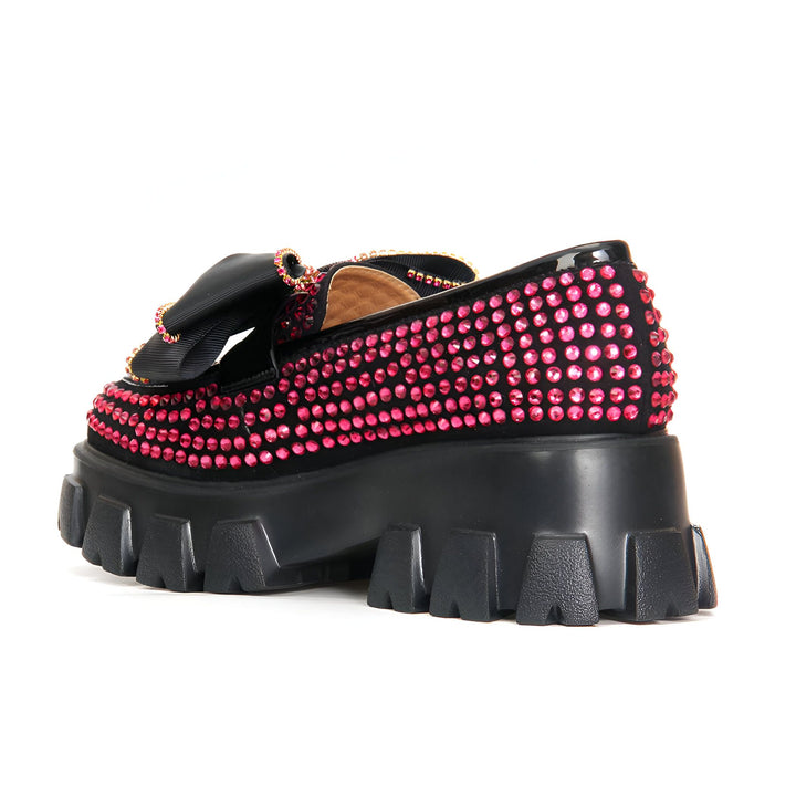 Mocassin noir à plateforme épaisse, orné de strass roses et d'un nœud en satin. Chaussure tendance et luxueuse, idéale pour une touche d'originalité à votre style., 45286831784117,45286831816885,45286831849653,45286831882421,45286831915189,45286831947957,45286831980725